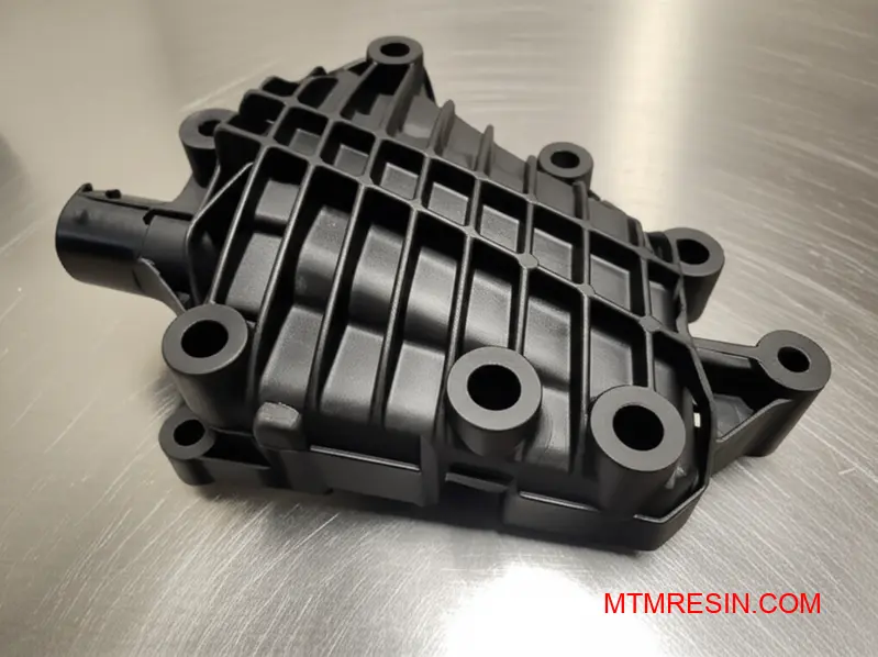 A precise, dark polymer part for automotive use, made with glass fiber composite material.