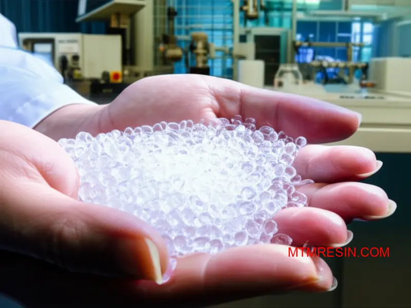 Transparent polycarbonate raw material pellets showcasing makrolon grade properties for injection molding applications