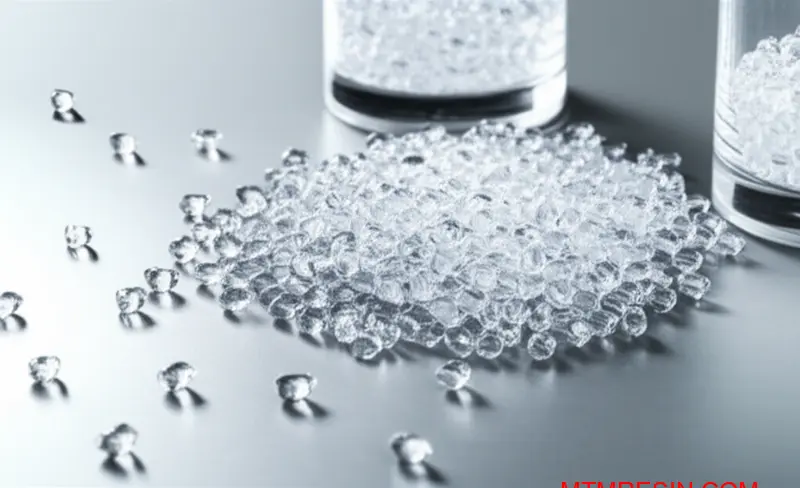 Clear polycarbonate resin pellets like Makrolon 2407 grade material prepared for injection molding trial samples in manufacturing facility