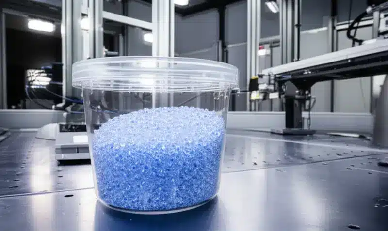 Transparent polycarbonate pellets showing color variation for quality control testing of Makrolon 2407 material consistency