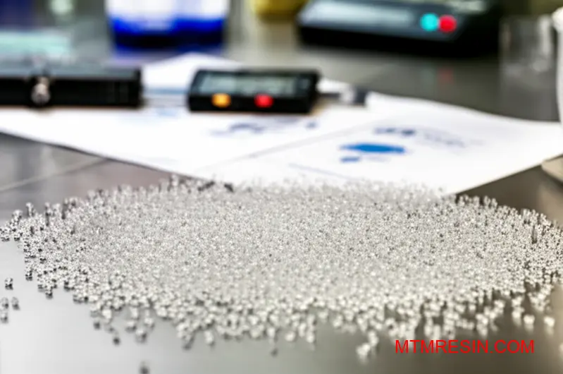 Clear polycarbonate pellets with technical documentation for global material consistency verification and quality control testing