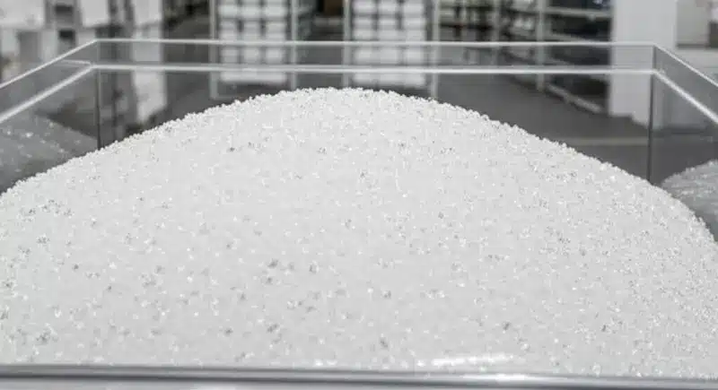 High-grade transparent polycarbonate material pellets stored in industrial container, showcasing premium makrolon grade polymer granules for injection molding applications