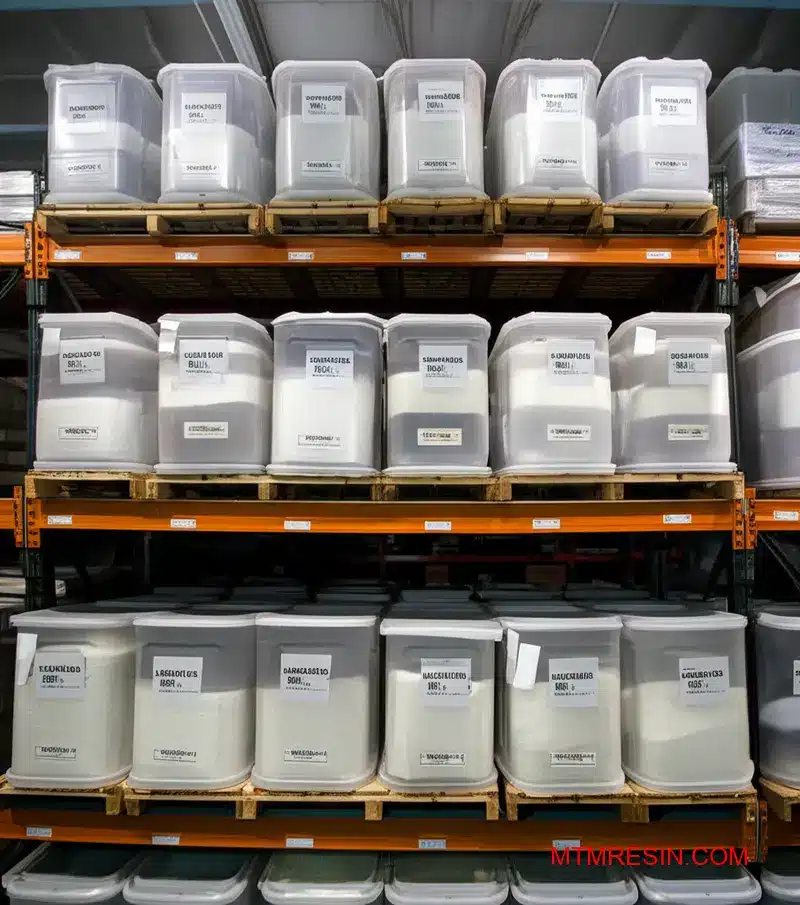 Industrial warehouse storing clear polycarbonate Makrolon pellets from premium suppliers, organized inventory management for reliable material sourcing