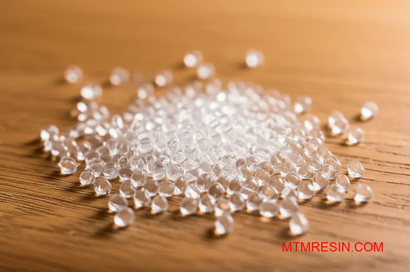 Clear Makrolon polycarbonate resin pellets display for premium polymer suppliers material quality assessment