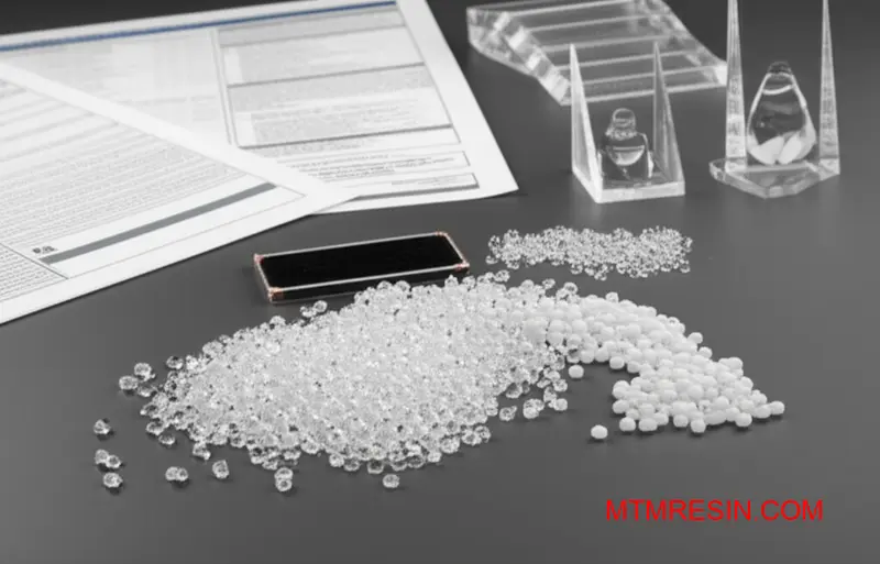Professional display of various Makrolon polycarbonate grades and pellets for engineering applications, showcasing premium suppliers materials selection