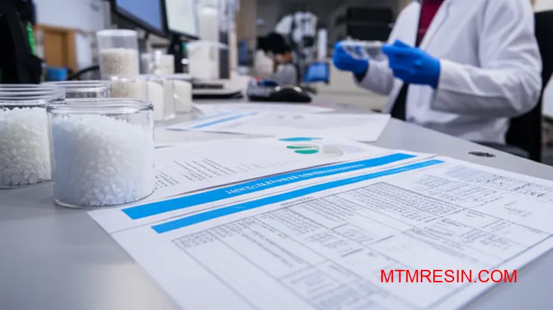 Material specialist comparing global Makrolon specifications with local polycarbonate equivalents using technical datasheets and sample pellets