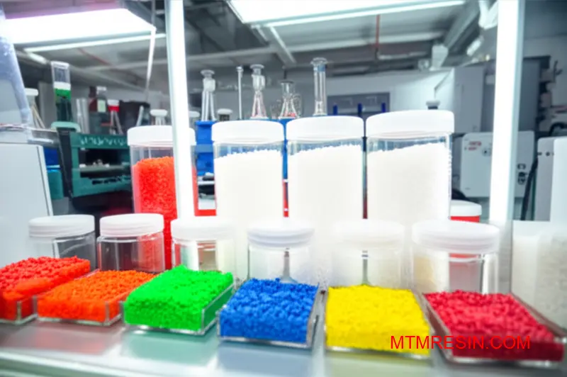 Laboratoriumopstelling met verschillende kunststofharskorrelmonsters voor analyse van kwaliteitsvergelijking door polymeerdistributeurs