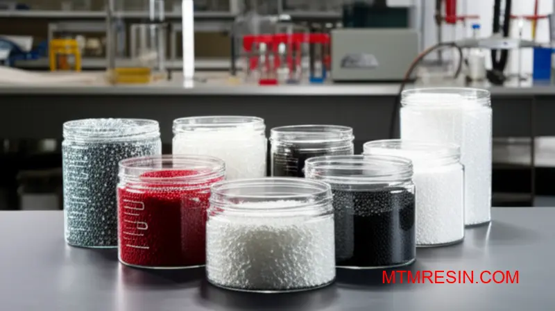 Meerdere kunststofharskorrelmonsters uitgestald op laboratoriumtafel met verschillende polymeermaterialen gebruikt door Amerikaanse kunststofleveranciers en -distributeurs