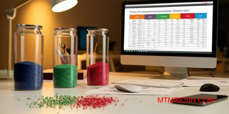 Professionele inkoopmanager bekijkt prijzen van plastic hars en MOQ-documentatie met monsters van polymeermateriaal op bureau