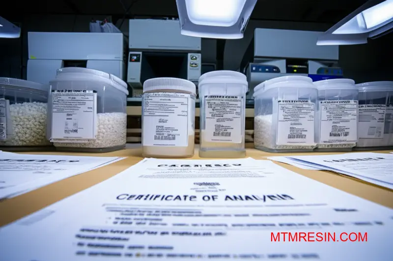 Laboratorium voor kwaliteitscontrole toont kunststofharspellets met analysecertificaten voor de traceerbaarheid van materialen in de distributie in de VS