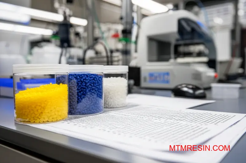 Professionele laboratoriumopstelling met kunststofharsmonsters en testmaterialen die worden gebruikt door distributeurs van kunststofhars voor kwaliteitsvergelijking en -controle