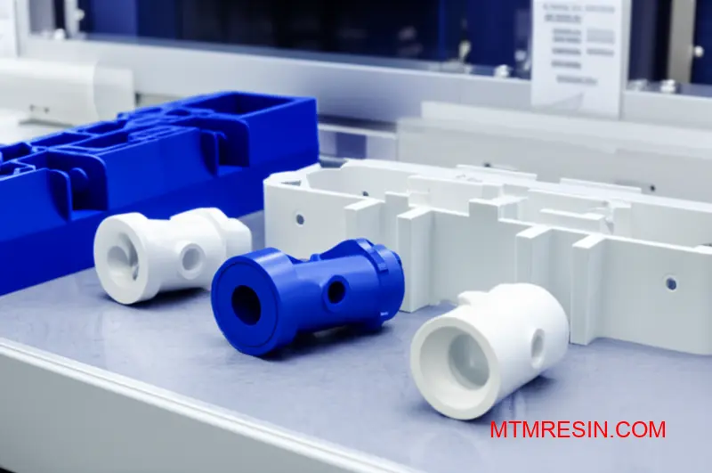 Various injection molded polyamide components showcasing PA6 and PA66 material grades with different reinforcement levels and surface finishes