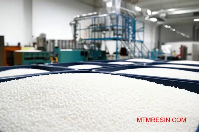 Premium engineering plastic granules stored in industrial containers, showcasing polyamide resin quality for precision molding applications